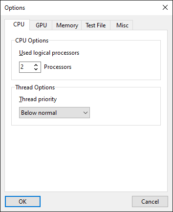 HeavyLoad CPU 选项设置界面：可选参与测试的核心数与优先级